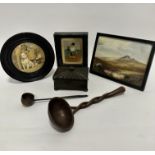 A 19thc treen rectangular box with fluted top, raised on bun feet, (7cm x 11cm x 8cm), a circular