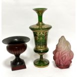A 19thc green gilded baluster vase (34cm x 9.5cm) and a moulded glass flaming torch style pink to