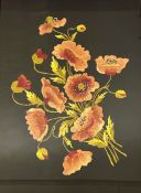 A 1920's sewn work panel depicting poppies, gilt glazed frame, (49cm x 34cm)