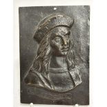A cast bronze rectangular plaque depicting bust of Raffaello Sanzio, (13cm x 9cm)