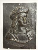 A cast bronze rectangular plaque depicting bust of Raffaello Sanzio, (13cm x 9cm)