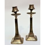 A pair of Birmingham silver Art Nouveau style candlesticks with weighted wooden bases, (22.5cm x 7.