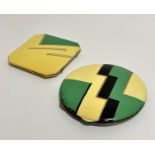 Two Art Deco yellow, black and green enamelled compacts, one of square form with cut corners, the