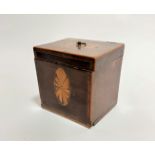 A Georgian mahogany inlaid tea caddy, the hinged top with fan style inlaid oval panel, with brass