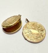 A 9ct gold circular locket with engraved scrolling decoration, (d 3cm) and a Victorian yellow
