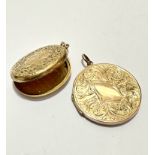 A 9ct gold circular locket with engraved scrolling decoration, (d 3cm) and a Victorian yellow