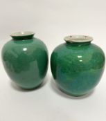 A near pair of Chinese green crackle glazed baluster vases, one with small chip to rim, with six