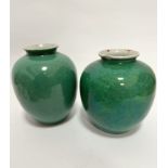 A near pair of Chinese green crackle glazed baluster vases, one with small chip to rim, with six