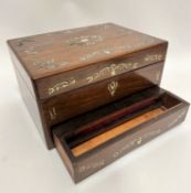 A Victorian rosewood mother of pearl inlaid lady's sewing and writing box, the hinged top