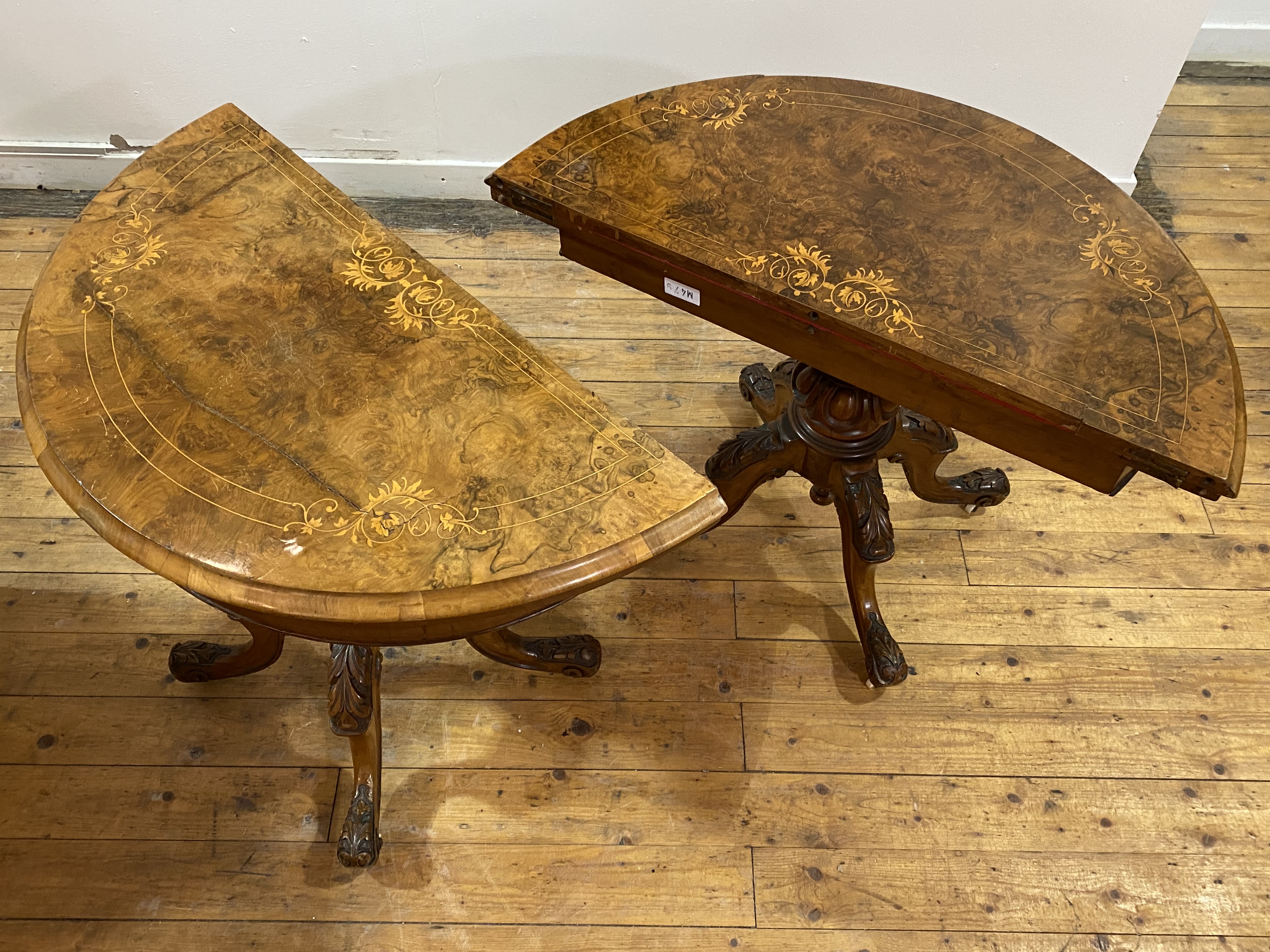 A Pair of Victorian figured walnut demi-lune card tables, the tops with boxwood string and - Image 2 of 4