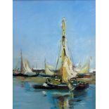 •Irene Lesley Main (Scottish, b. 1959), "Trouville - Jetties at Low Tide", oil on board, artist's