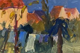 •Sheila Macnab MacMillan D.A., P.A.I. (Scottish, 1928-2018), Trees with Red-Tiled Roofs Behind, oil,