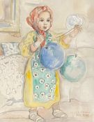 Ruth Moorwood (Scottish, exh. 1927-37), "Lala Fatimah" portrait of a young girl with balloons,