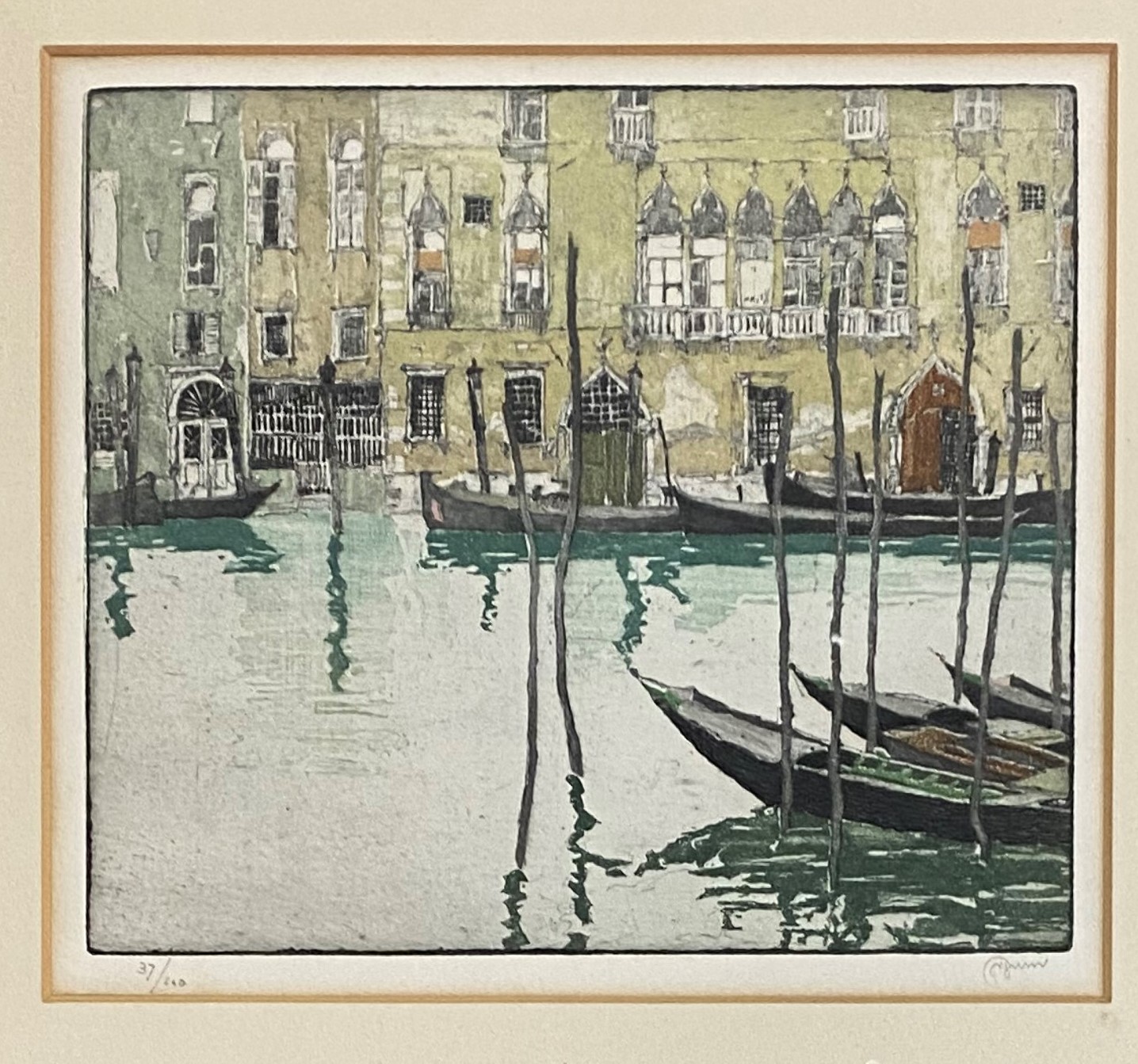 Gondolas on a Venetian Canal, coloured etching, indistinctly signed in pencil, ed. 37/100, framed.