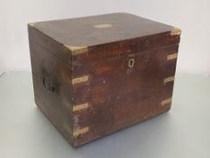 A 19th century brass-bound mahogany officer's travelling box, the hinged cover with engraved
