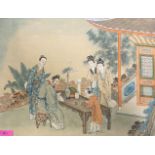 Chinese School, Figures around a Table on a Verandah by a Pavilion, watercolour on silk, framed.