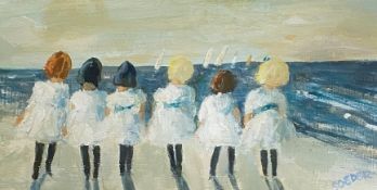 •Jane Soeder (Scottish, b. 1934), "Watching the Boats", signed lower right, oil, framed. 13.5cm by