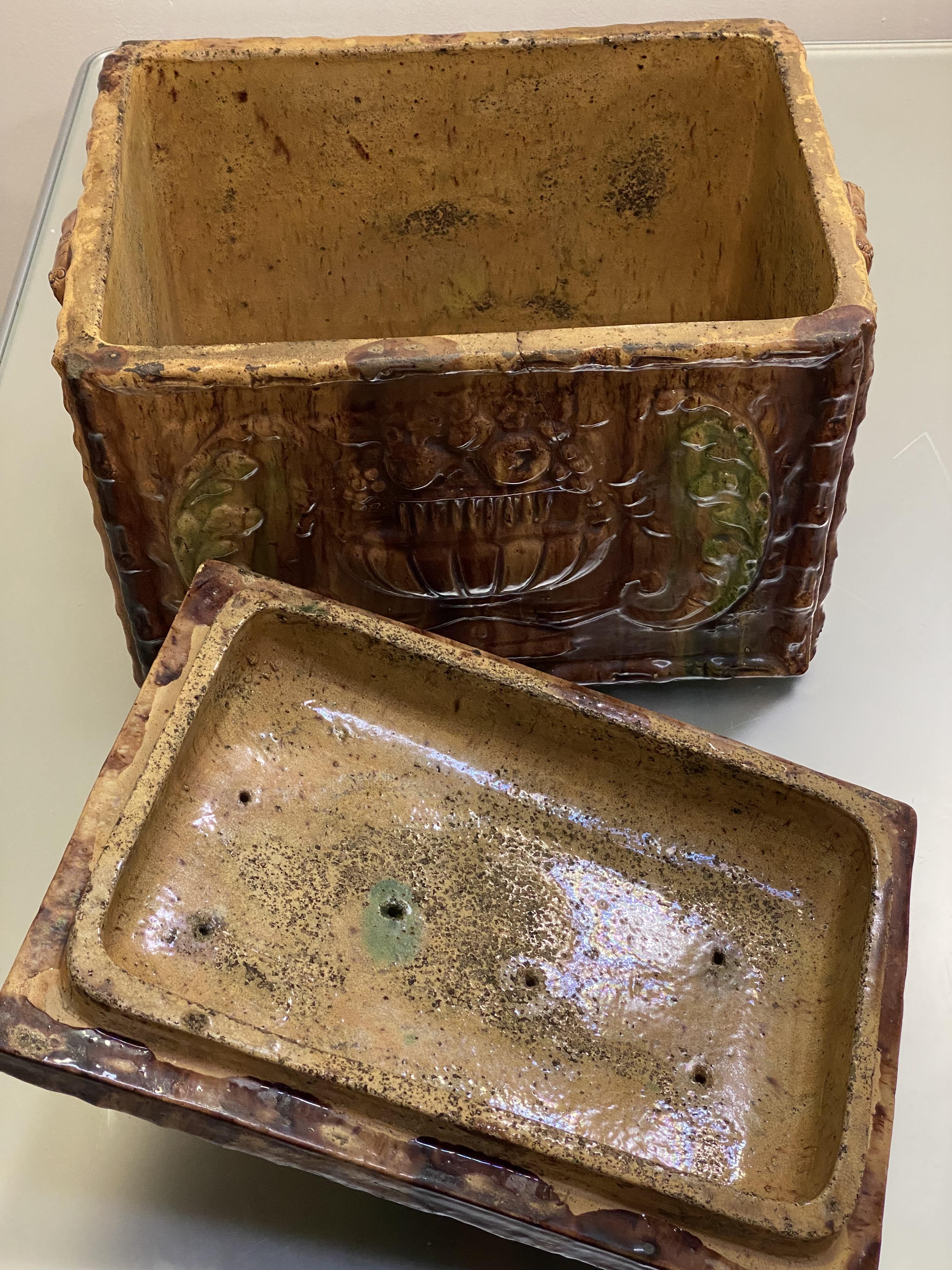 A large Scottish treacle and spinach glazed pottery bread bin, late 19th century, of rectangular - Image 4 of 4