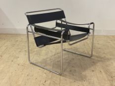 After Marcel Breuer, A Wassily chair, the tubular chrome frame with black sling leather seat, back