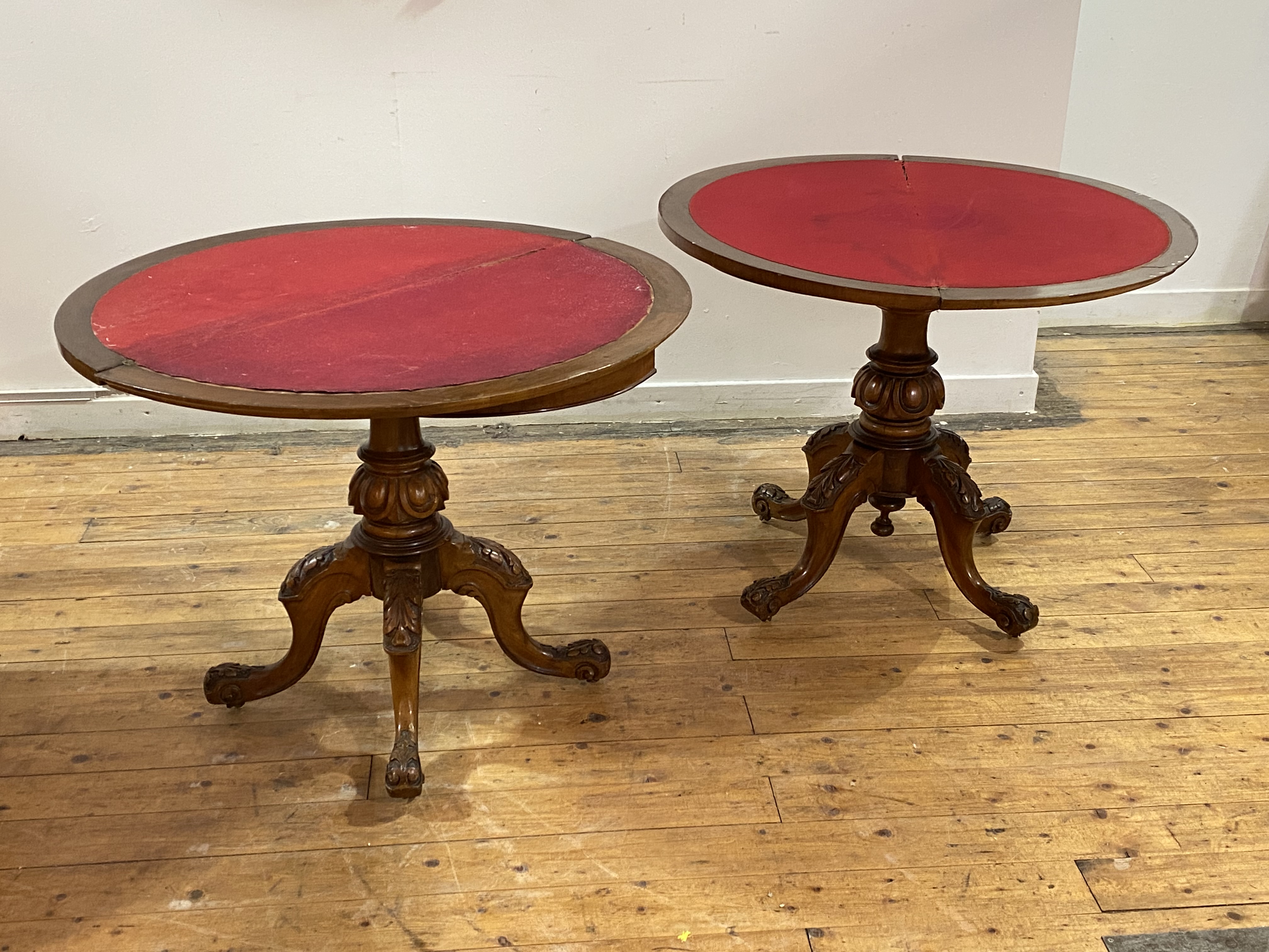 A Pair of Victorian figured walnut demi-lune card tables, the tops with boxwood string and - Image 3 of 4