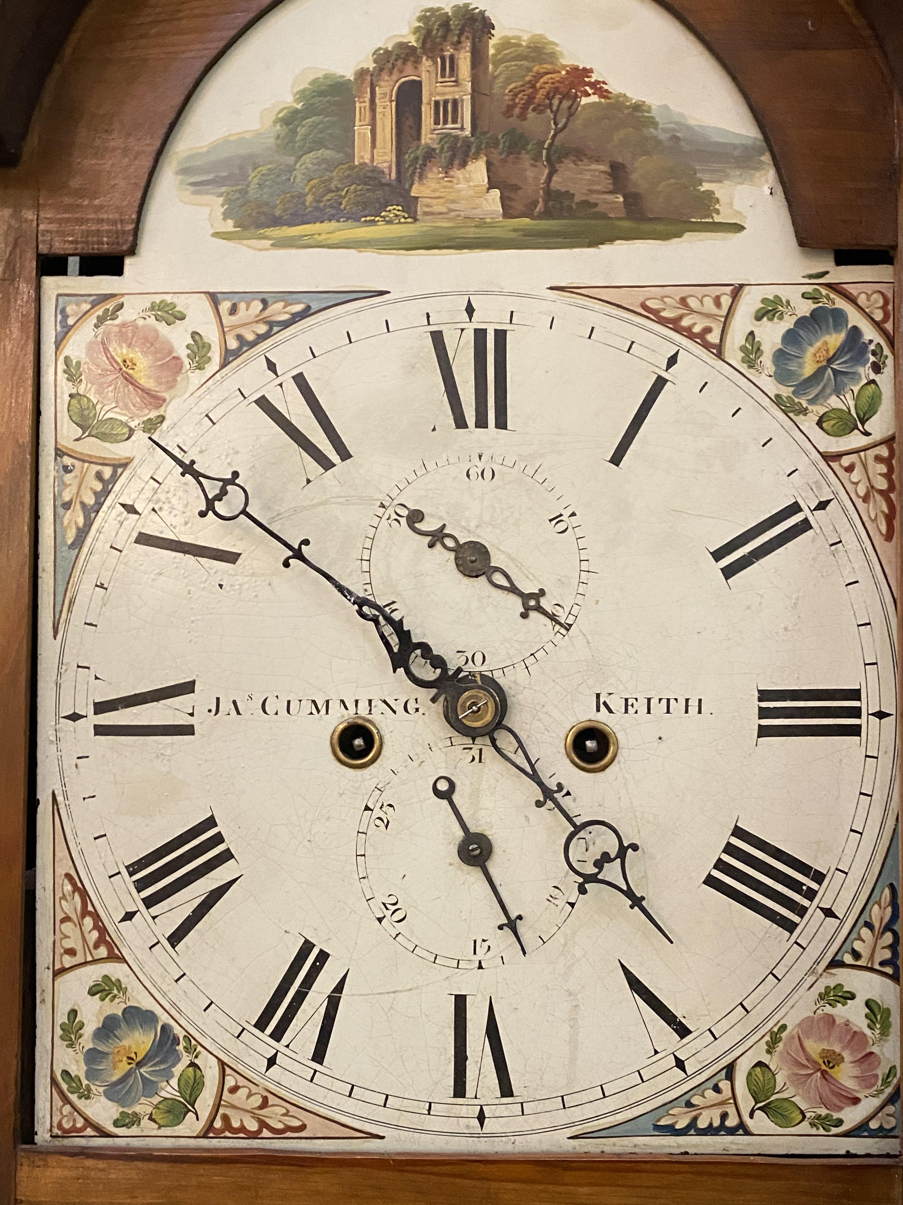 An early 19th century mahogany longcase clock, the swan neck pediment over arched hood door - Image 2 of 2