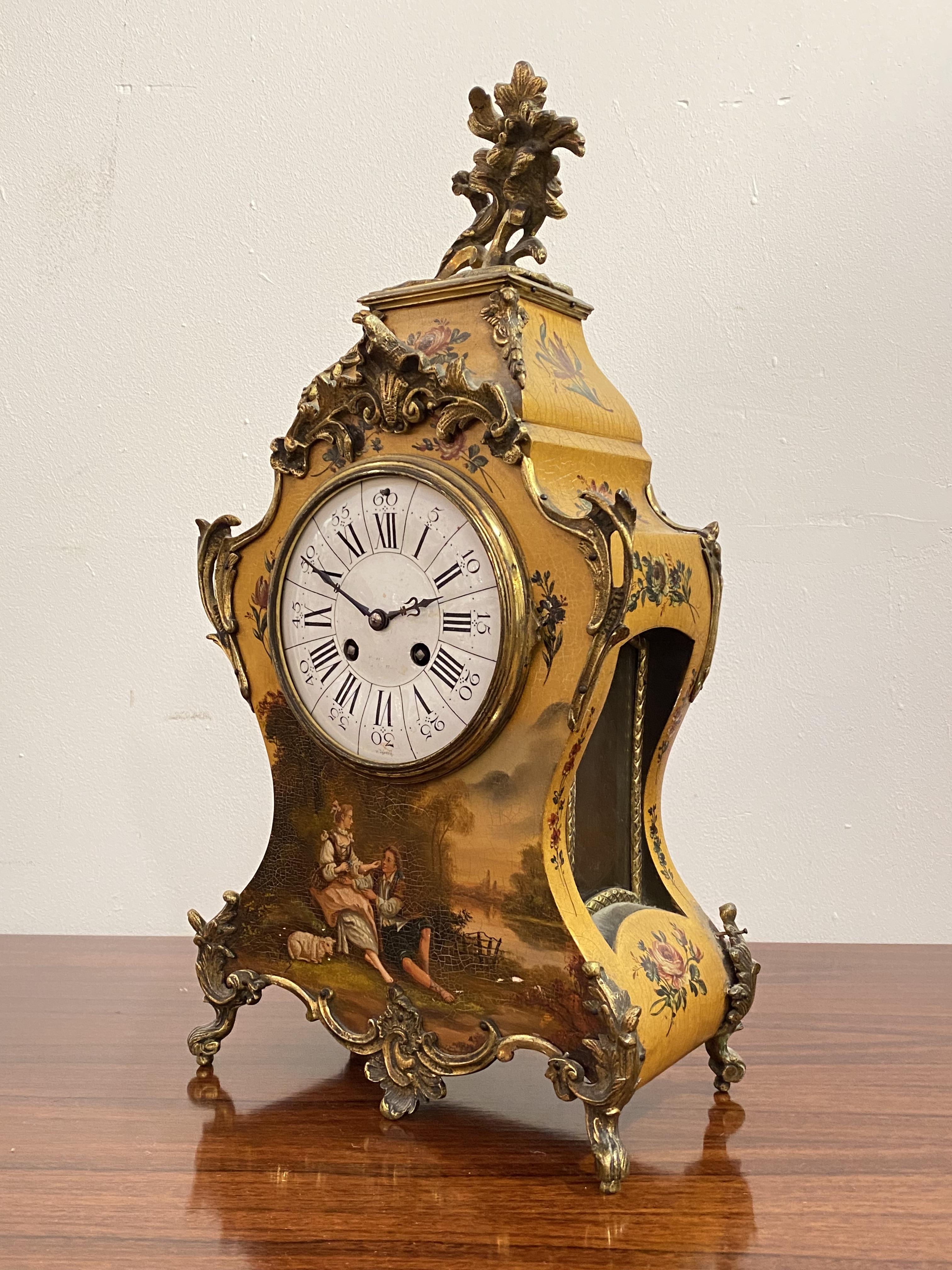 A French Vernis Martin style mantel clock, late 19th century, the case of cartouche form with floral - Image 2 of 4