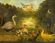 Manner of Marmaduke Cradock, 20th Century, A Heron, Great Crested Grebe and other Fowl in a