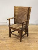 A child's Orkney chair, early 20th century, oak framed with woven back over drop-in string seat