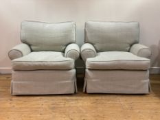 A quality pair of contemporary easy chairs, upholstered in a sage green woven fabric, with squab