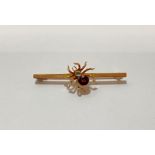 A 9ct gold bug brooch, the body of the insect millegrain-set with a reddish-brown stone, on a