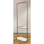 A mid-century modern hall stand, the tubular gilt frame with five coat hooks, over a dished white