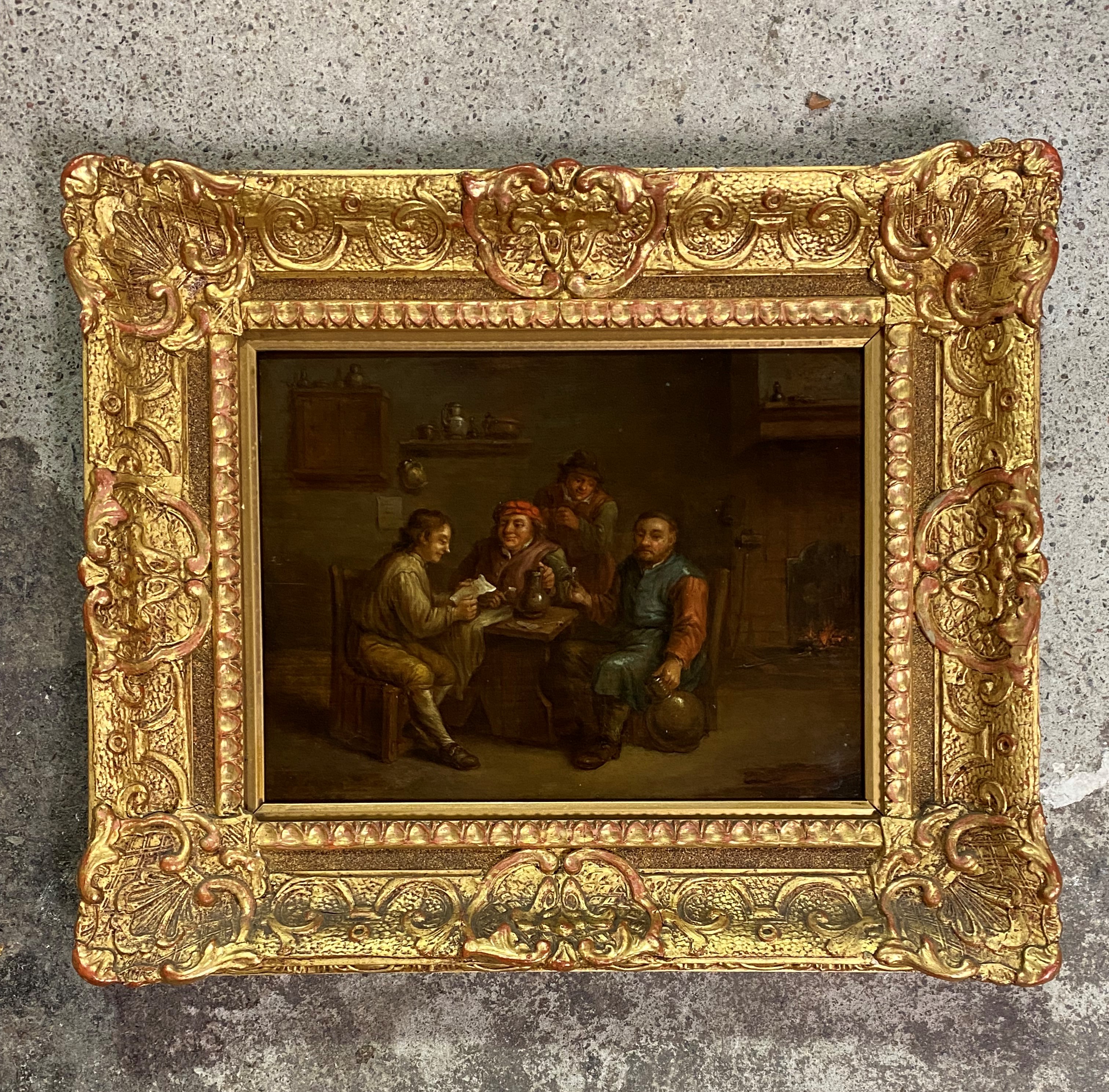 Follower of David Teniers (Flemish 1610-90), Figures at a Tavern Table, signed "D. Teniers pinxt" - Image 2 of 2