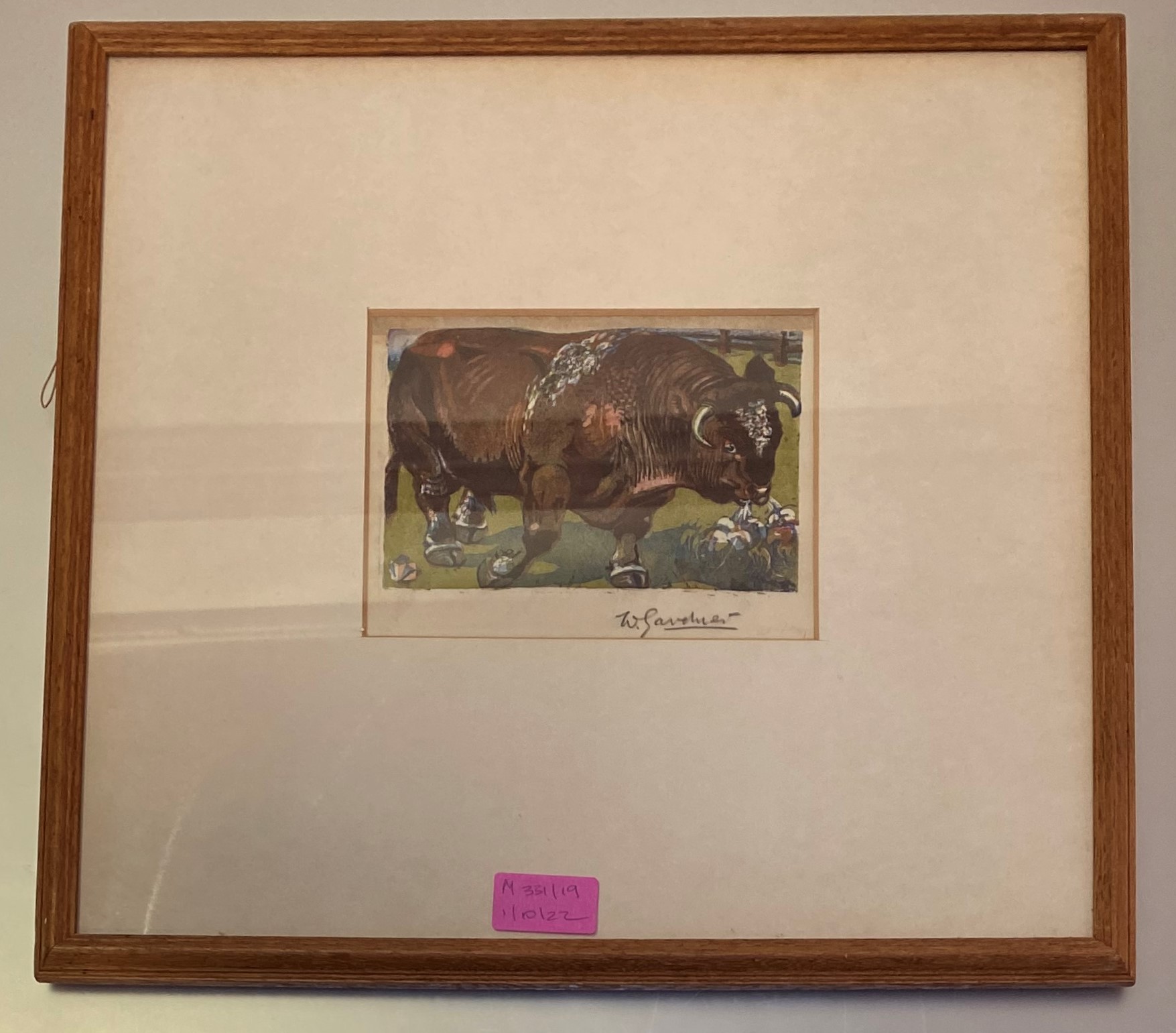 William Gardner (Scottish, 20th Century), Study of a Bull, signed in pencil, coloured lino-cut, - Image 2 of 2