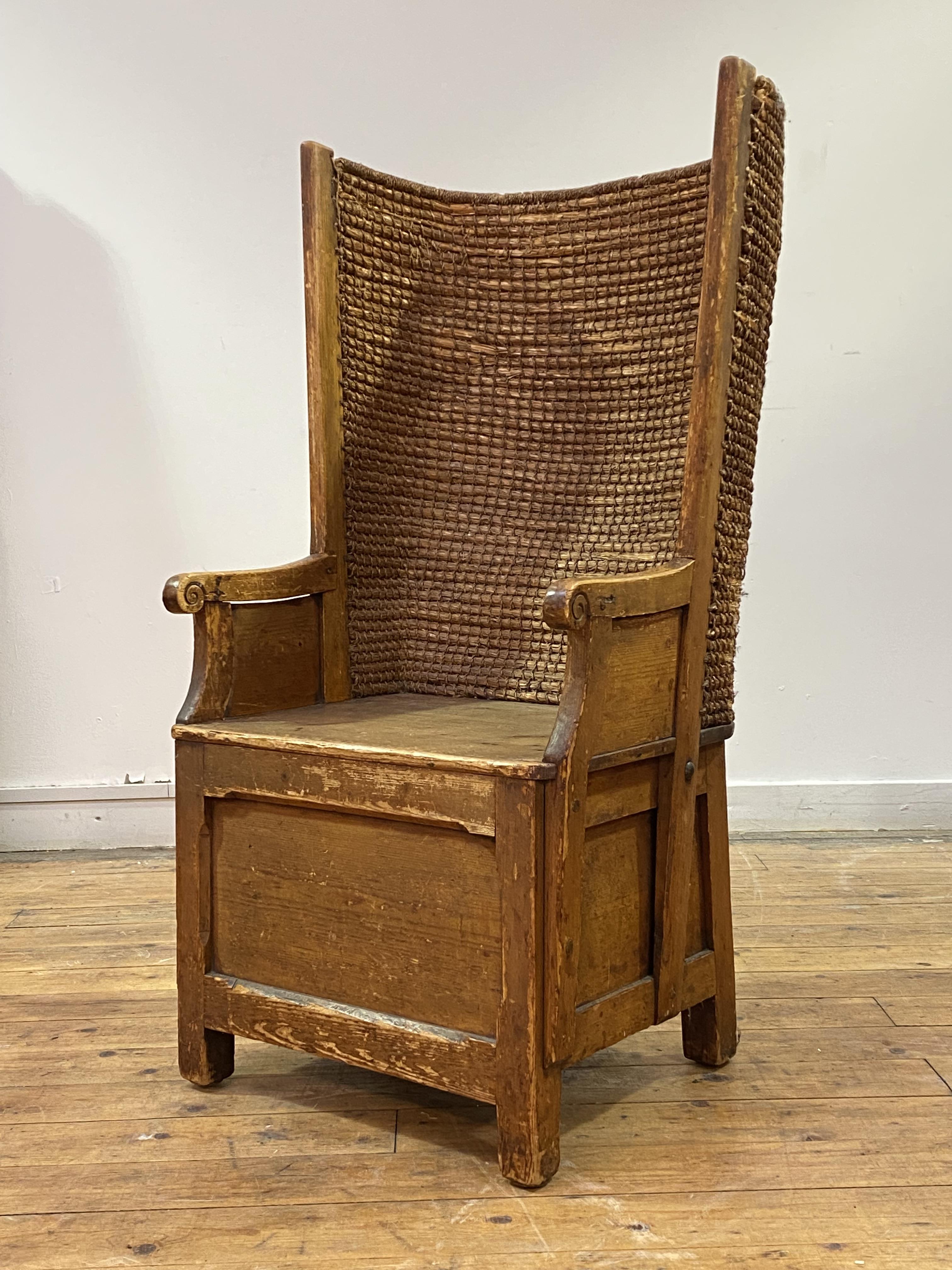 An Orkney chair, late 19th century, pine framed with woven back over arm rests with scrolled - Image 2 of 5