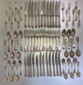 An assembled 19th century and later silver flatware service, fiddle pattern, twelve place