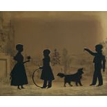 Auguste Edouart (1780-1861), a Silhouette Portrait Group, of three children and a dog at play,