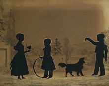 Auguste Edouart (1780-1861), a Silhouette Portrait Group, of three children and a dog at play,
