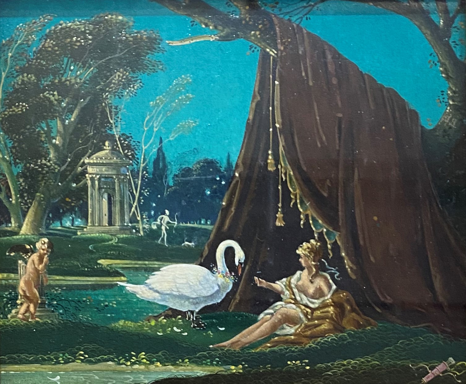 •Albert Runciman Cummings (British, 1936-2022), "Leda and the Swan", oil, original paper label verso