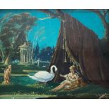 •Albert Runciman Cummings (British, 1936-2022), "Leda and the Swan", oil, original paper label verso