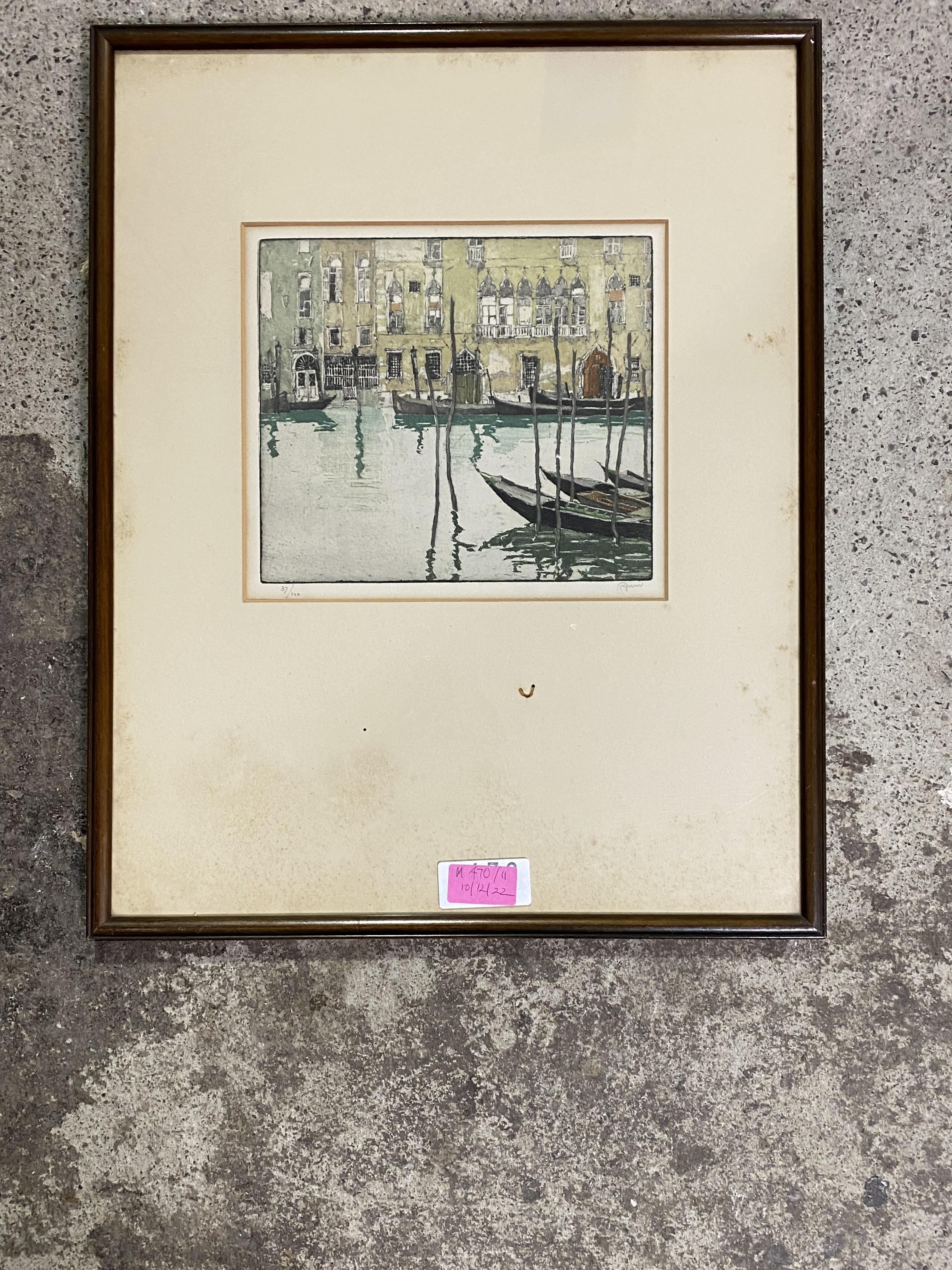 Gondolas on a Venetian Canal, coloured etching, indistinctly signed in pencil, ed. 37/100, framed. - Image 2 of 2