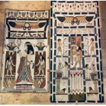 Two 1920's Egyptian Revival textile panels, each worked in applique on a linen ground, the first