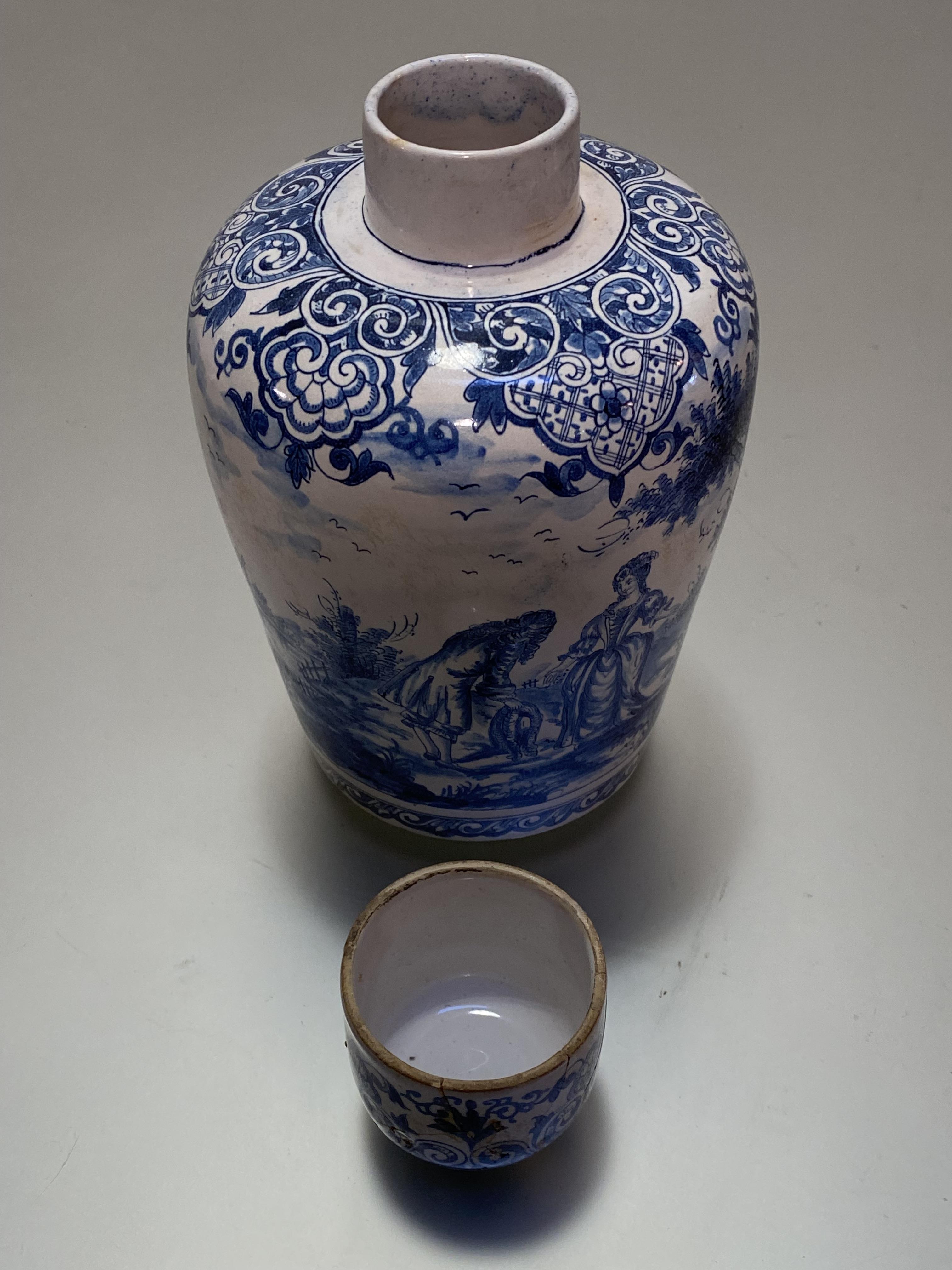 A 19th century Continental blue and white faience jar and cover, of baluster form, the slightly - Image 3 of 4