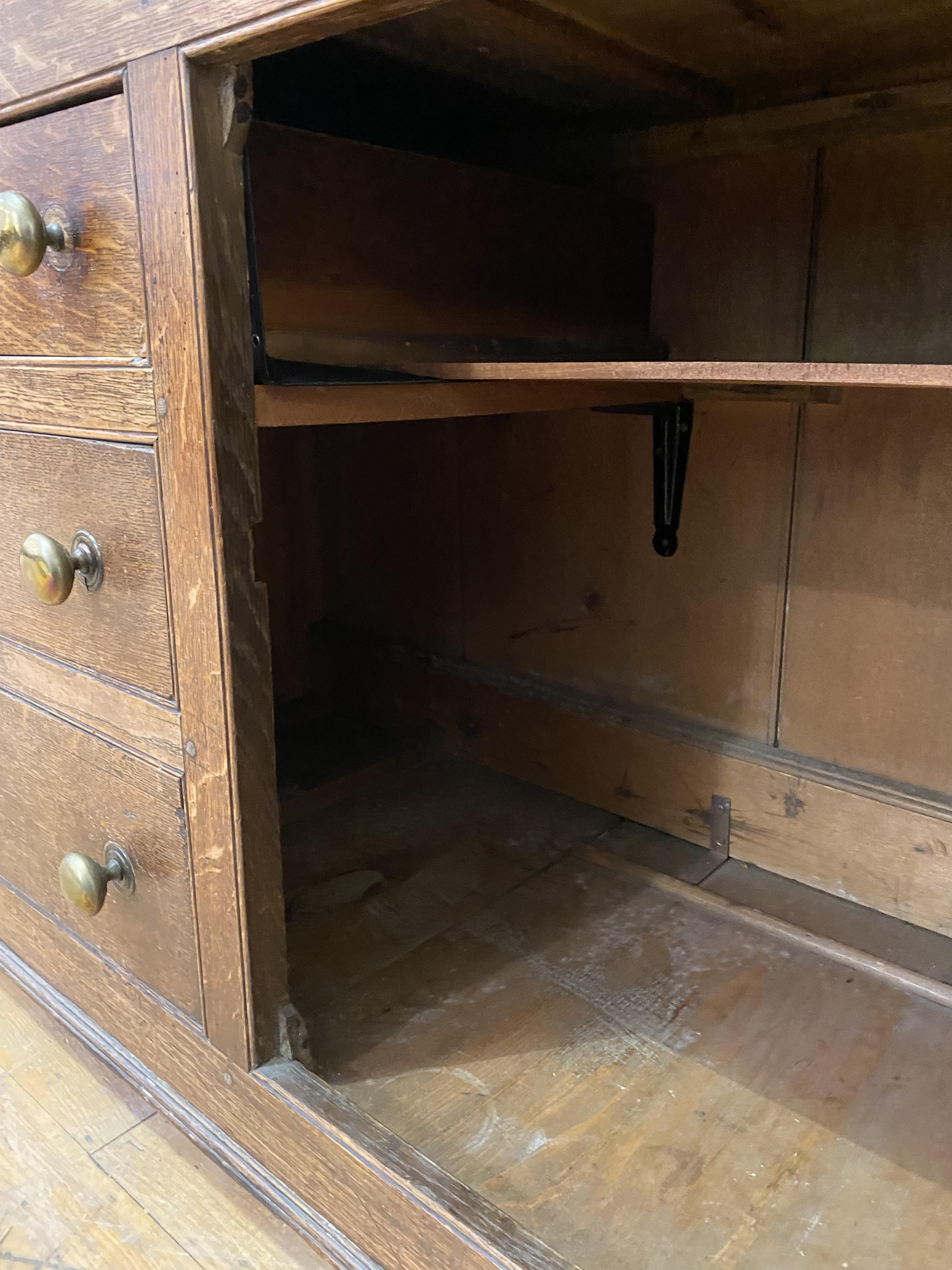 A small 18th century country oak dresser, the three height plate rack with projecting cornice and - Image 4 of 4