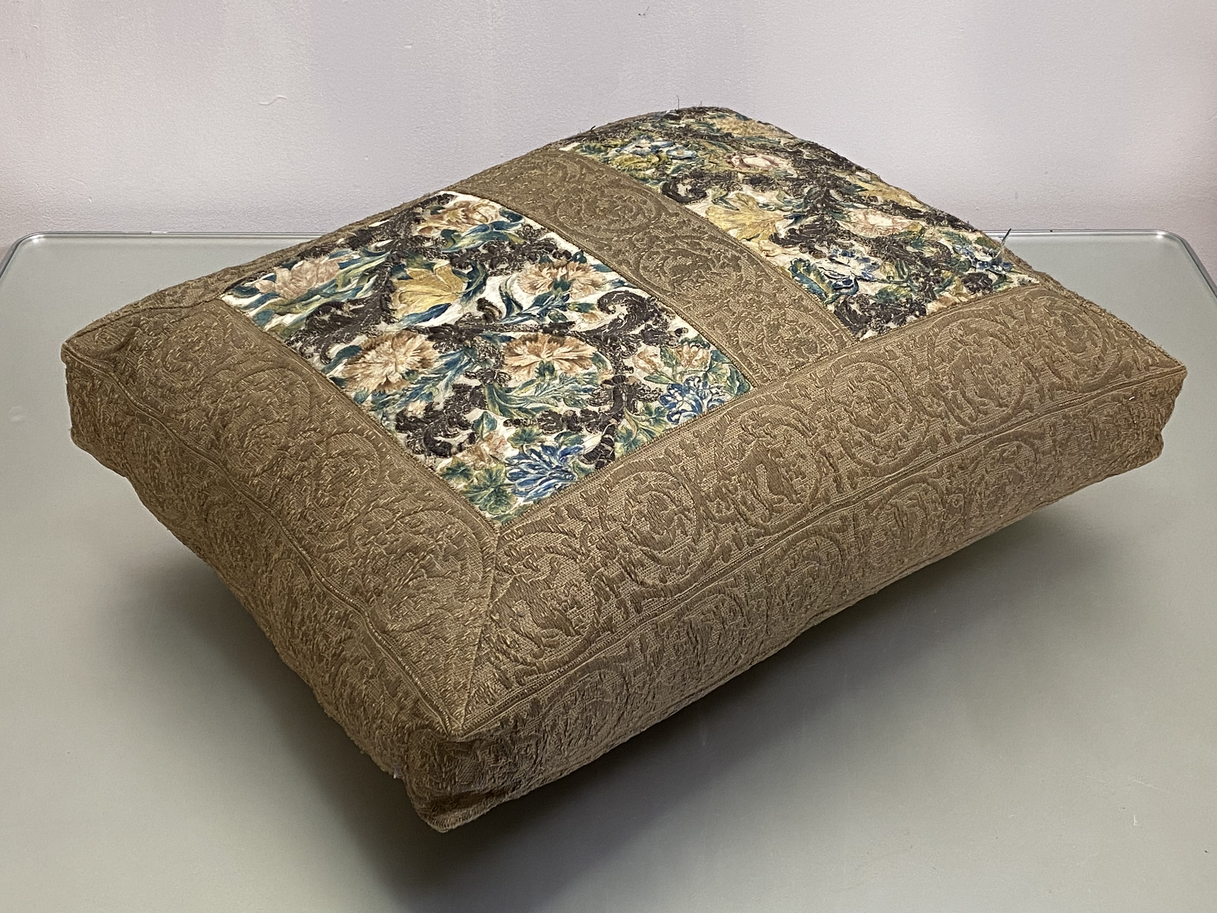 A large cushion incorporating a pair of textile panels, possibly 18th century, each worked in - Image 2 of 4