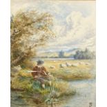 Myles Birket Foster, (1825-1899), Fisherman by a River Bank, monogrammed lower right, watercolour,