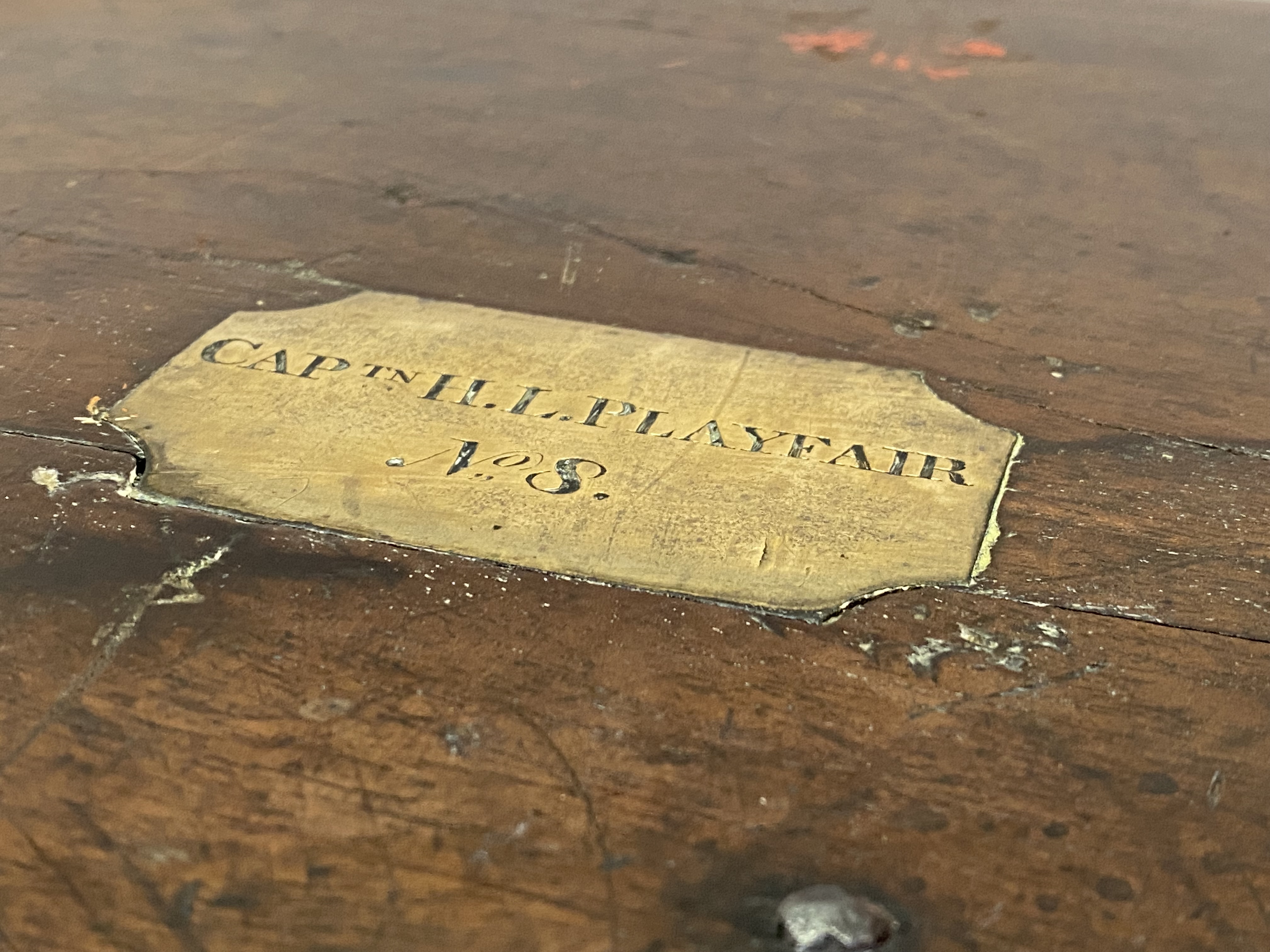 A 19th century brass-bound mahogany officer's travelling box, the hinged cover with engraved - Image 3 of 4