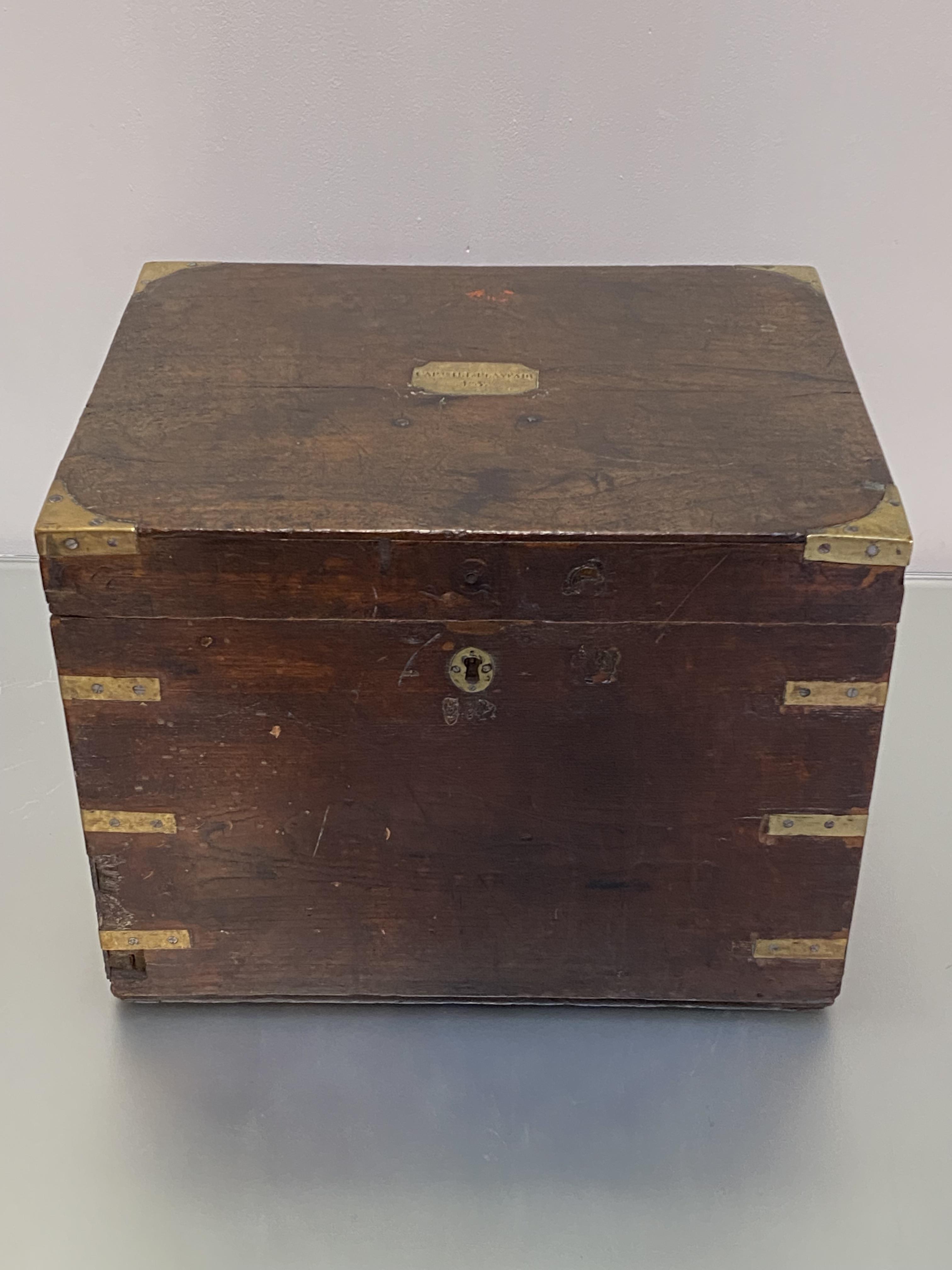 A 19th century brass-bound mahogany officer's travelling box, the hinged cover with engraved - Image 2 of 4