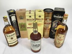 Whisky - nine bottles, Glenfiddich Clan Sinclair, Grant's, Bells and others