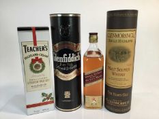 Whisky - four bottles, Glemorangie Ten years old, Glenfiddich, Johnnie Walker Red Label and Teachers