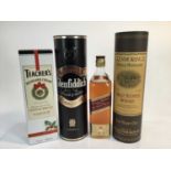 Whisky - four bottles, Glemorangie Ten years old, Glenfiddich, Johnnie Walker Red Label and Teachers